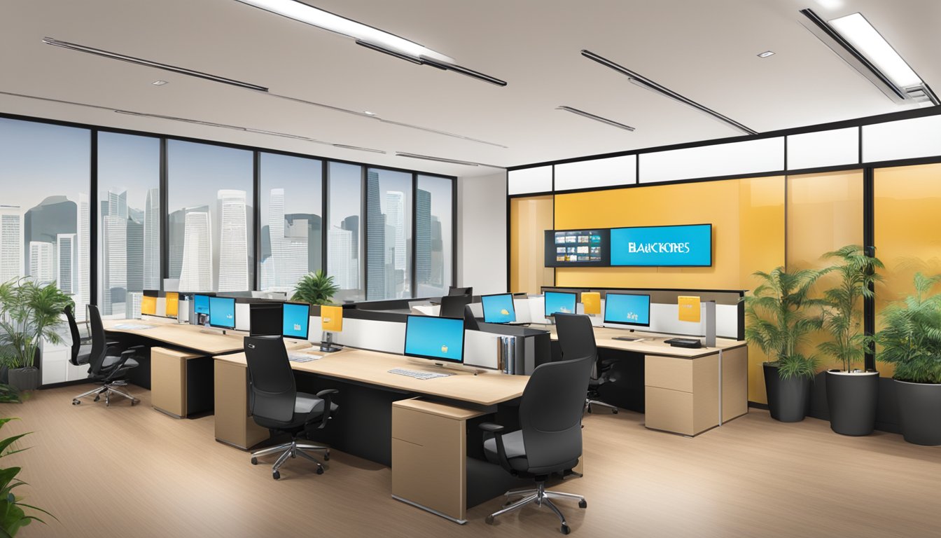 A corporate office setting with Blackmores and Singapore branding, featuring a display of customer service and corporate gifts