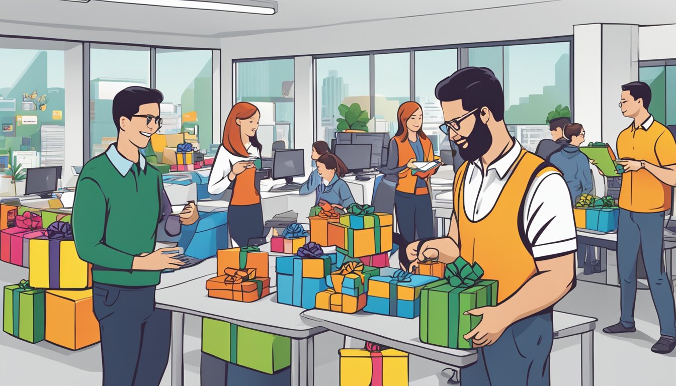A bustling office with employees exchanging gifts, logo-branded items, and personalized presents. The SuperMamaStore.com logo prominently displayed in the background