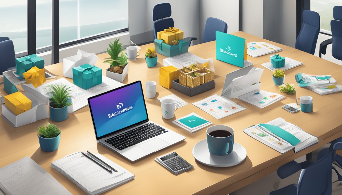 A table with corporate gifts and positive testimonials displayed. Blacksmores Singapore logo visible. Bright, professional setting