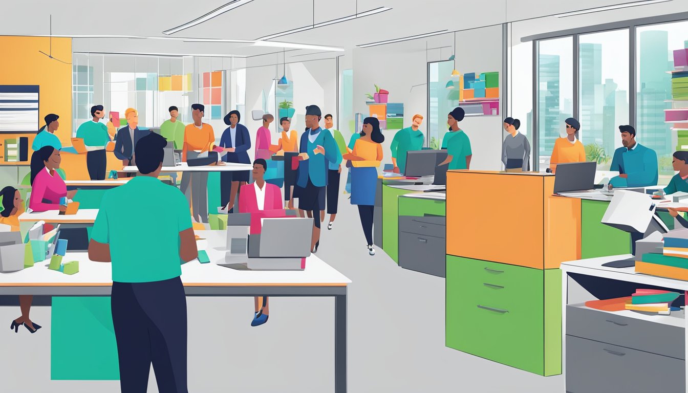 A vibrant office setting with employees exchanging corporate gifts. The SuperMamaStore.com logo prominently displayed on the wall