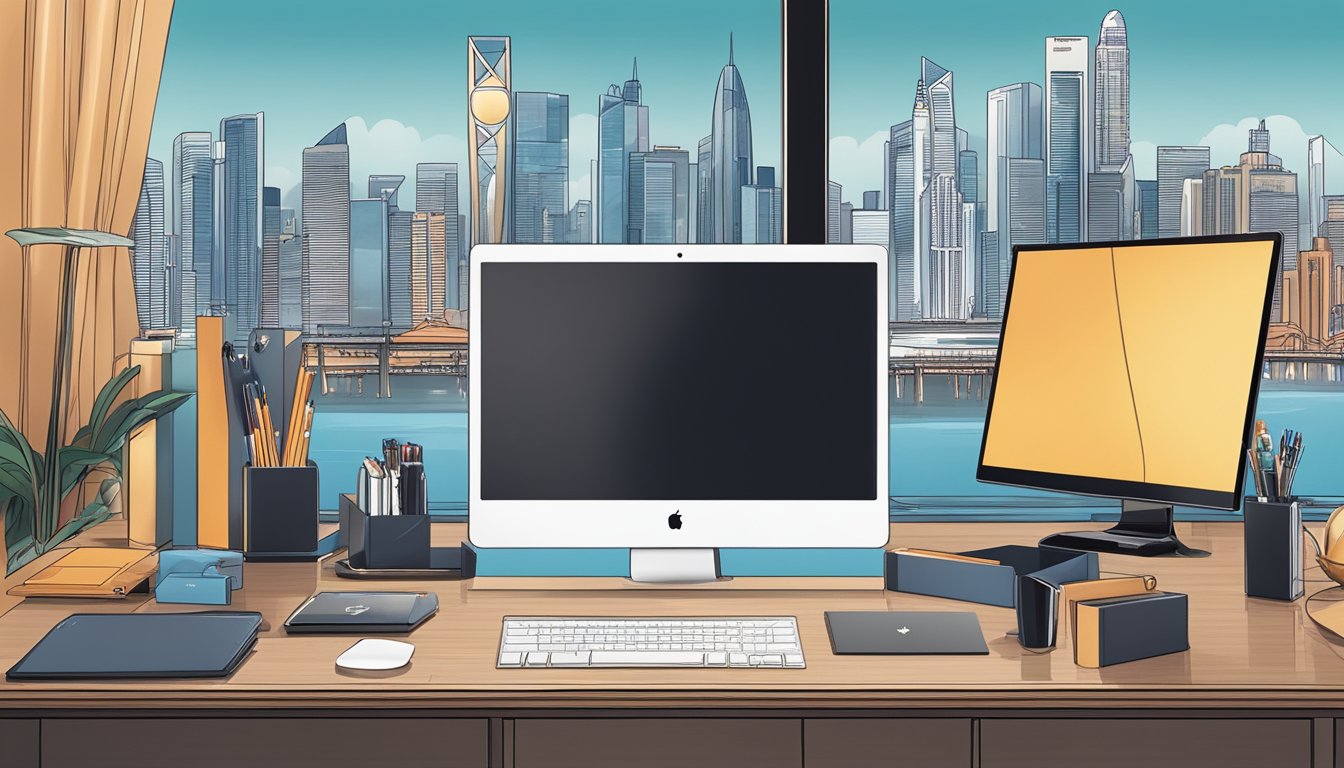 A table adorned with a variety of elegant corporate gifts, including personalized stationery, sleek tech gadgets, and luxurious leather accessories. The backdrop features the SuperMamaStore.com logo and the skyline of Singapore