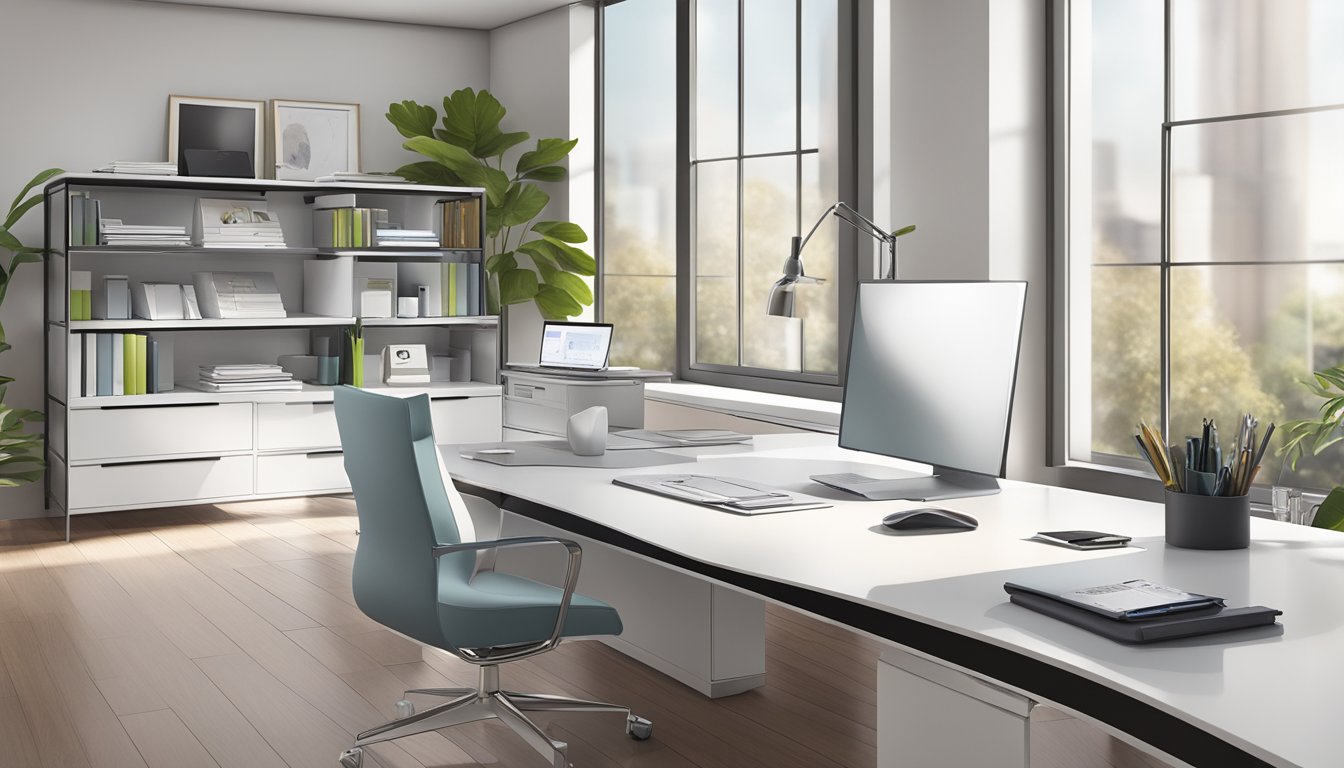 A sleek, modern office desk adorned with high-quality corporate gifts from SuperMamaStore.com, showcasing exquisite craftsmanship and attention to detail