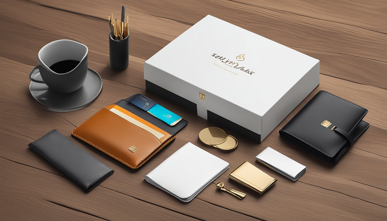 A sleek corporate gift set displayed on a polished wooden table, featuring branded wallets and elegant accessories