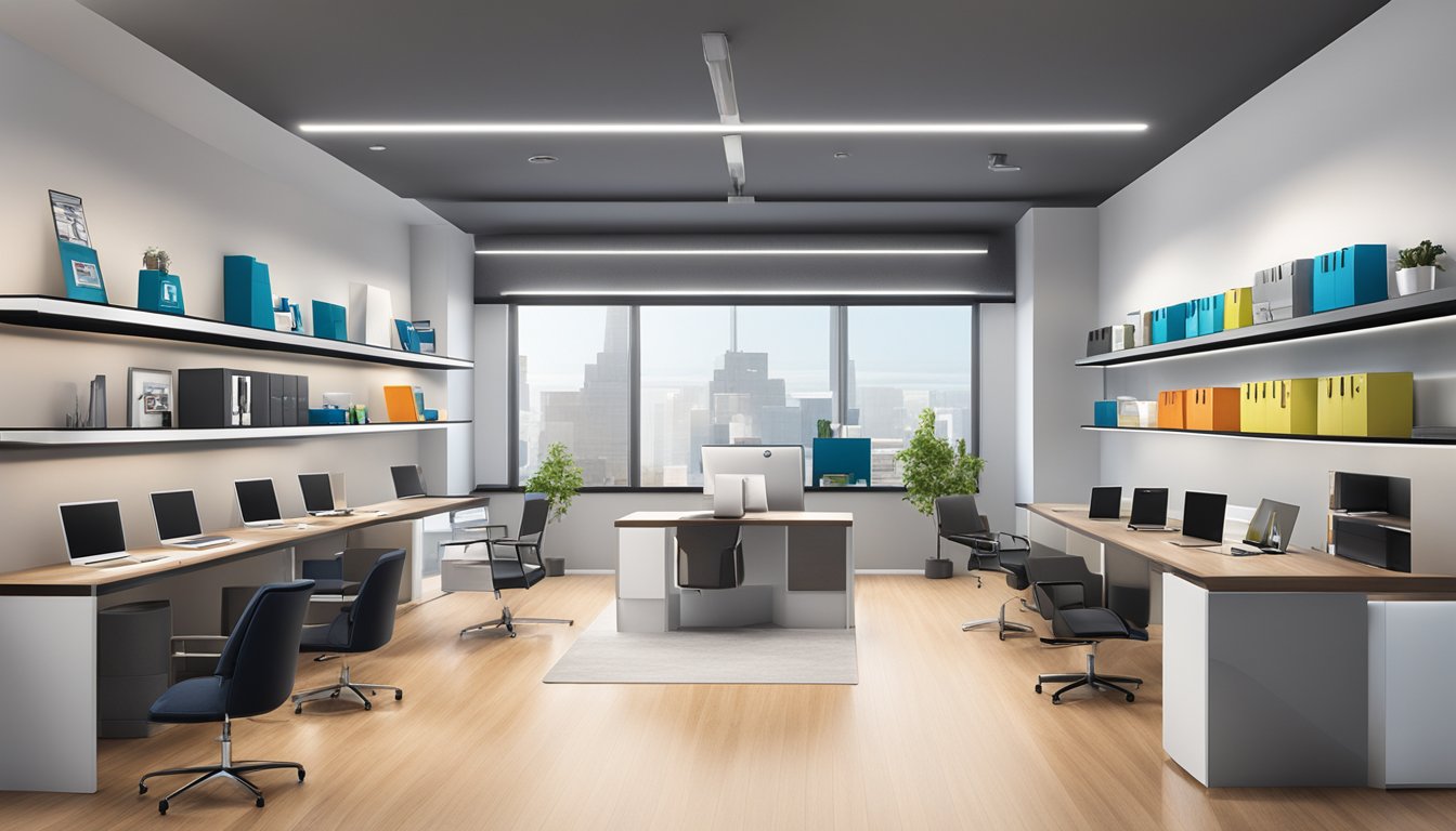A sleek, modern office space with branded corporate gifts displayed on shelves and a large logo of TheWalletShop.com on the wall