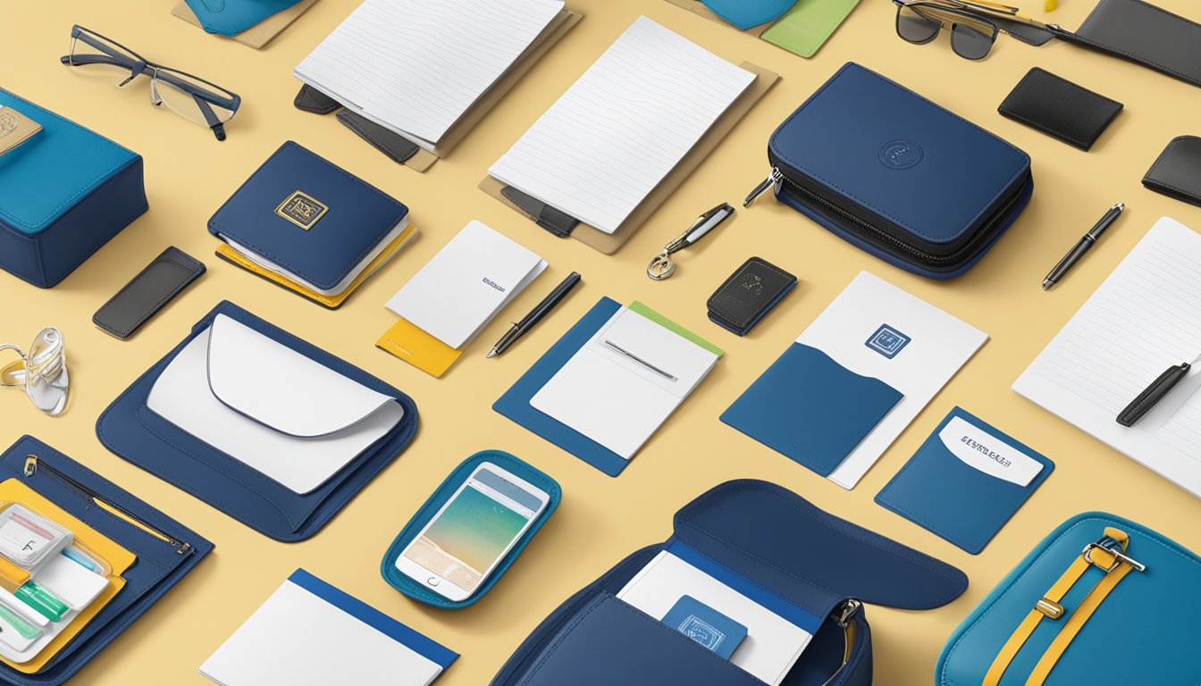A table displaying a variety of corporate gifts, including branded wallets, organizers, and accessories. The products are neatly arranged and accompanied by promotional materials