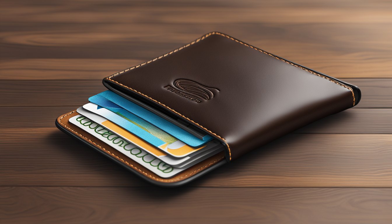A sleek leather wallet sits on a polished wooden table, with intricate stitching and embossed branding, showcasing quality and craftsmanship