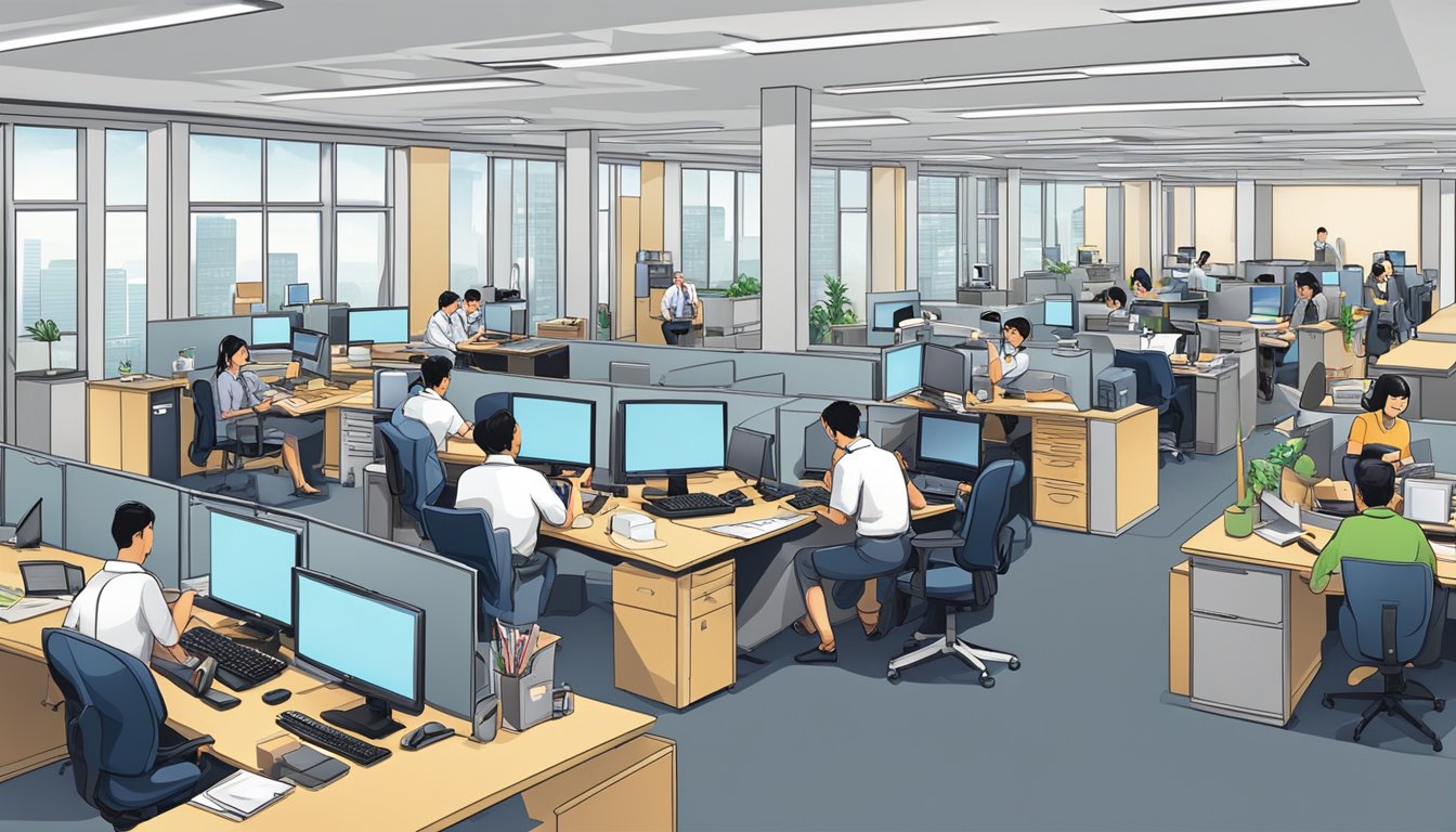 A busy office with employees answering phones and packaging corporate gifts for SuperMamaStore.com in Singapore