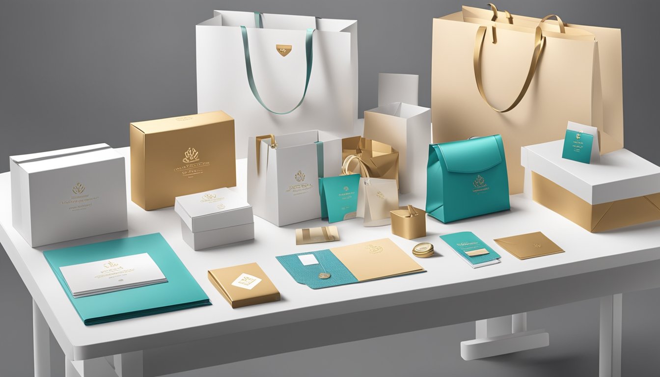 A table displaying various corporate gifts with price tags, surrounded by elegant packaging and branding materials. The scene exudes professionalism and quality