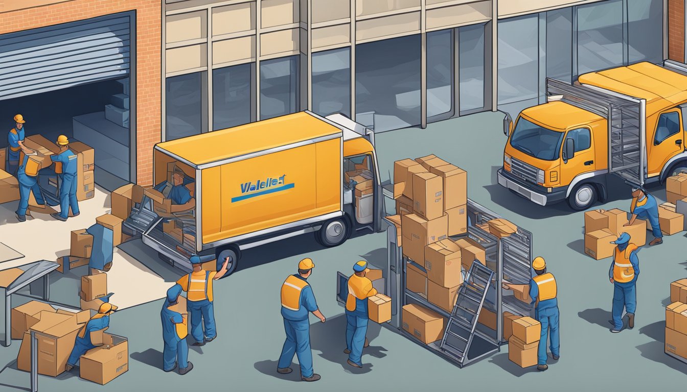 A delivery truck parked outside TheWalletShop.com, workers unloading corporate gifts. Boxes stacked neatly, ready for shipping