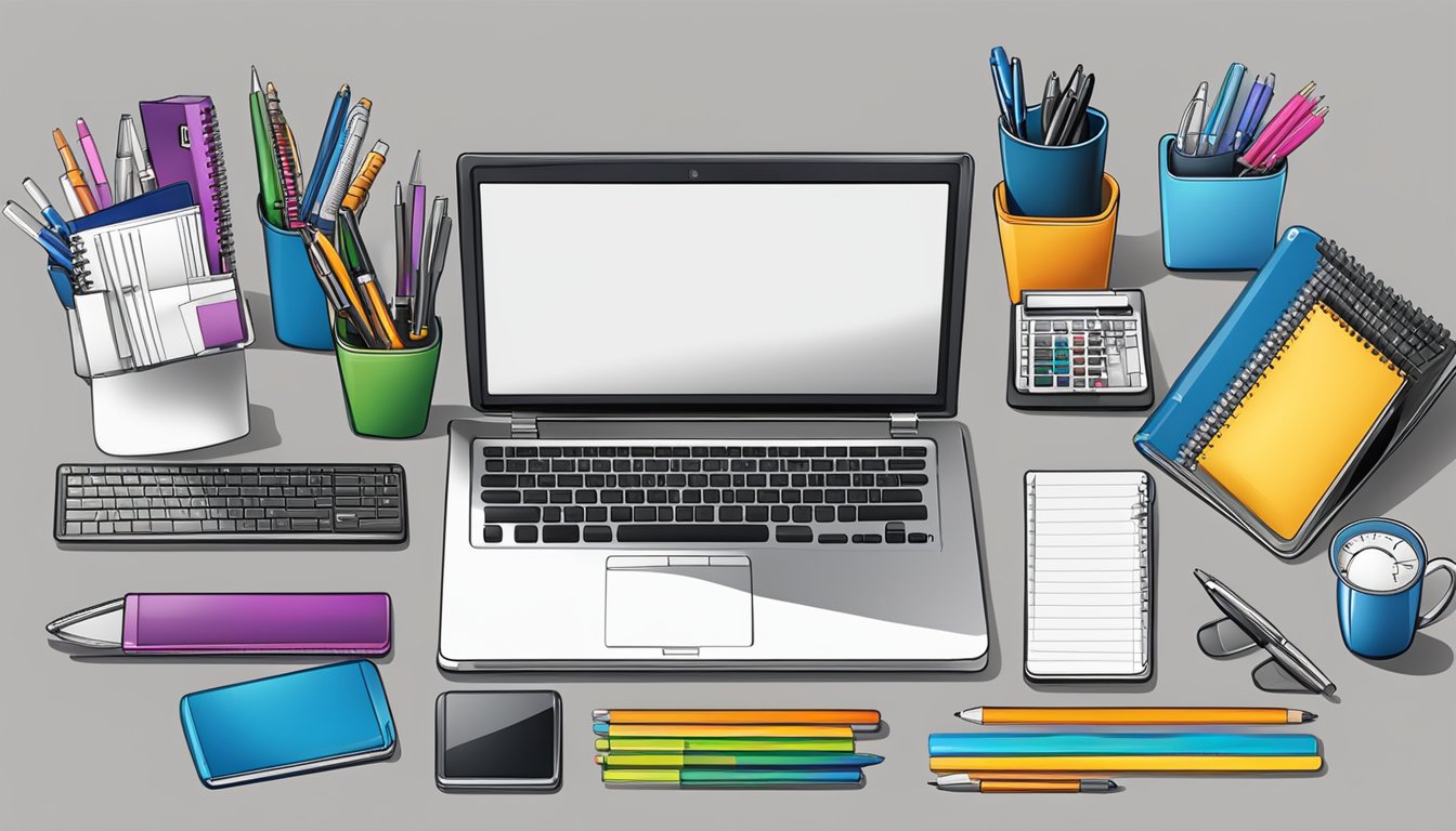 A table filled with various corporate gifts, including branded pens, notebooks, and electronic gadgets, displayed in an organized and appealing manner