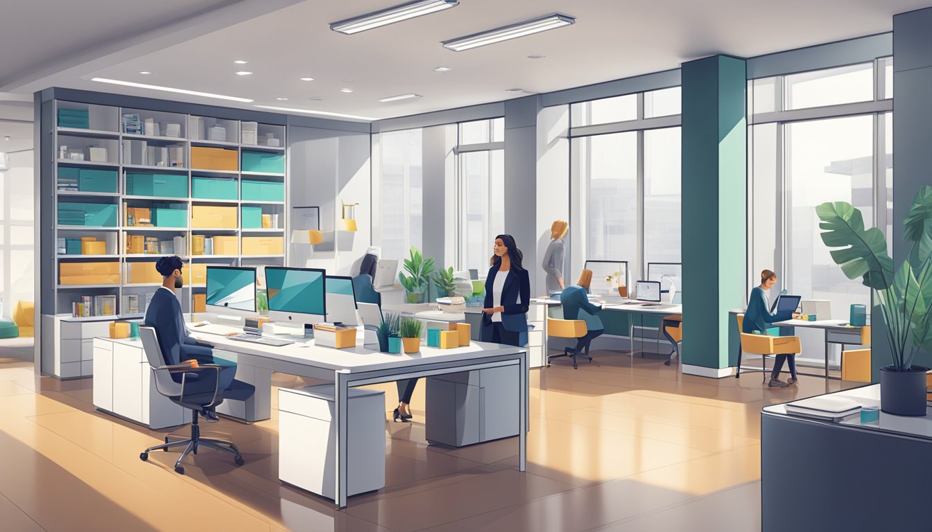 A sleek, modern office space with shelves of branded merchandise and a team of professionals discussing corporate gift options