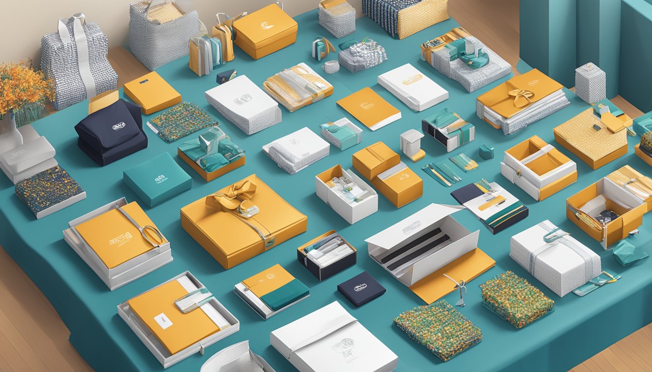 A table filled with assorted corporate gifts, including branded merchandise and custom products, displayed in a well-lit showroom