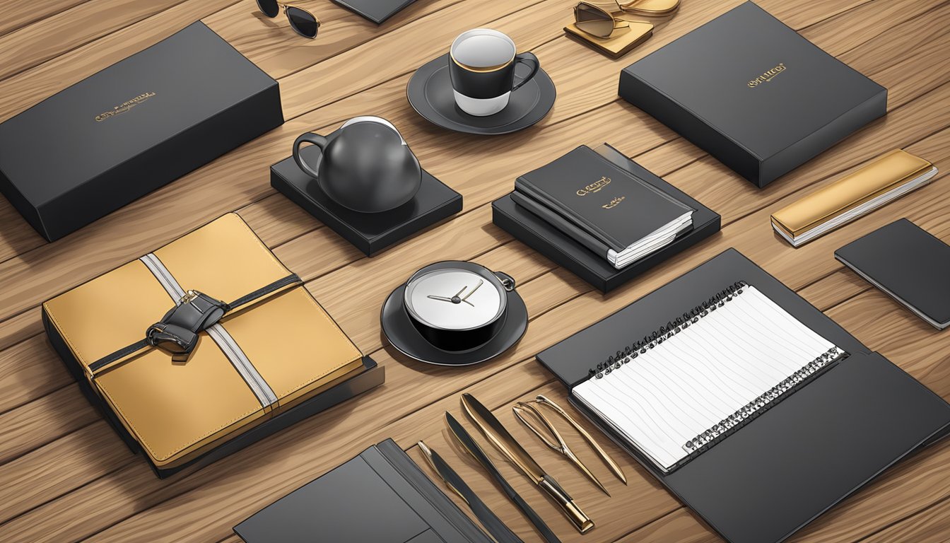 A display of high-quality corporate gifts arranged neatly on a polished wooden table, showcasing the craftsmanship and attention to detail