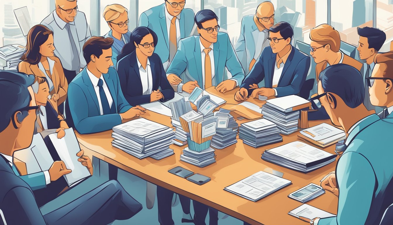 A table filled with branded corporate gifts, surrounded by executives discussing pricing and value