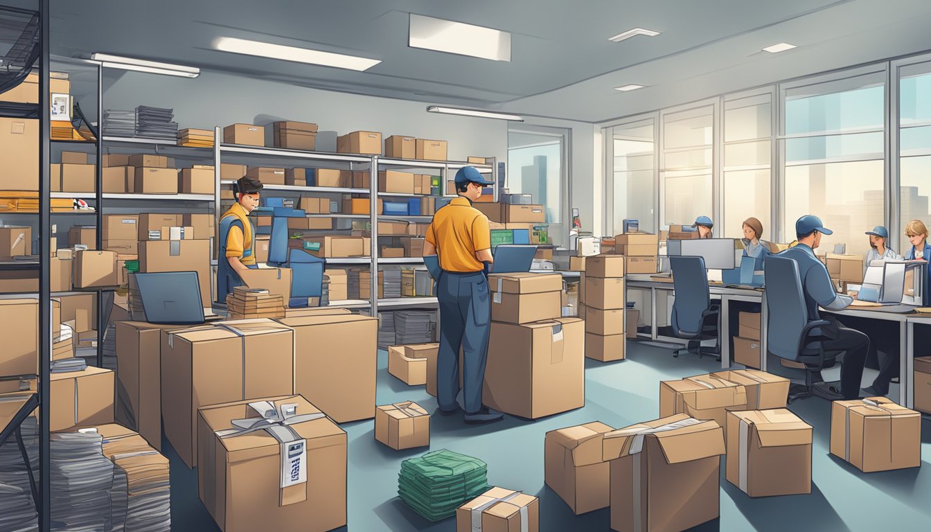 A busy office with shelves of corporate gifts, workers packing and labeling boxes, and a delivery truck waiting outside