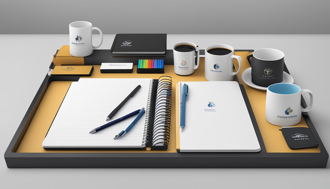 A group of corporate gifts, including branded pens, notebooks, and mugs, are neatly arranged on a display table with the company's logo prominently featured