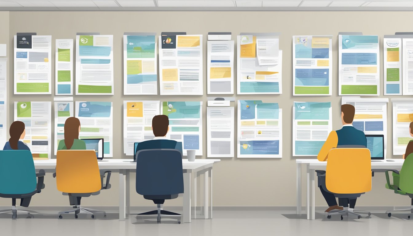 A wall of customer testimonials and reviews displayed in a corporate office, with the company logo prominently featured