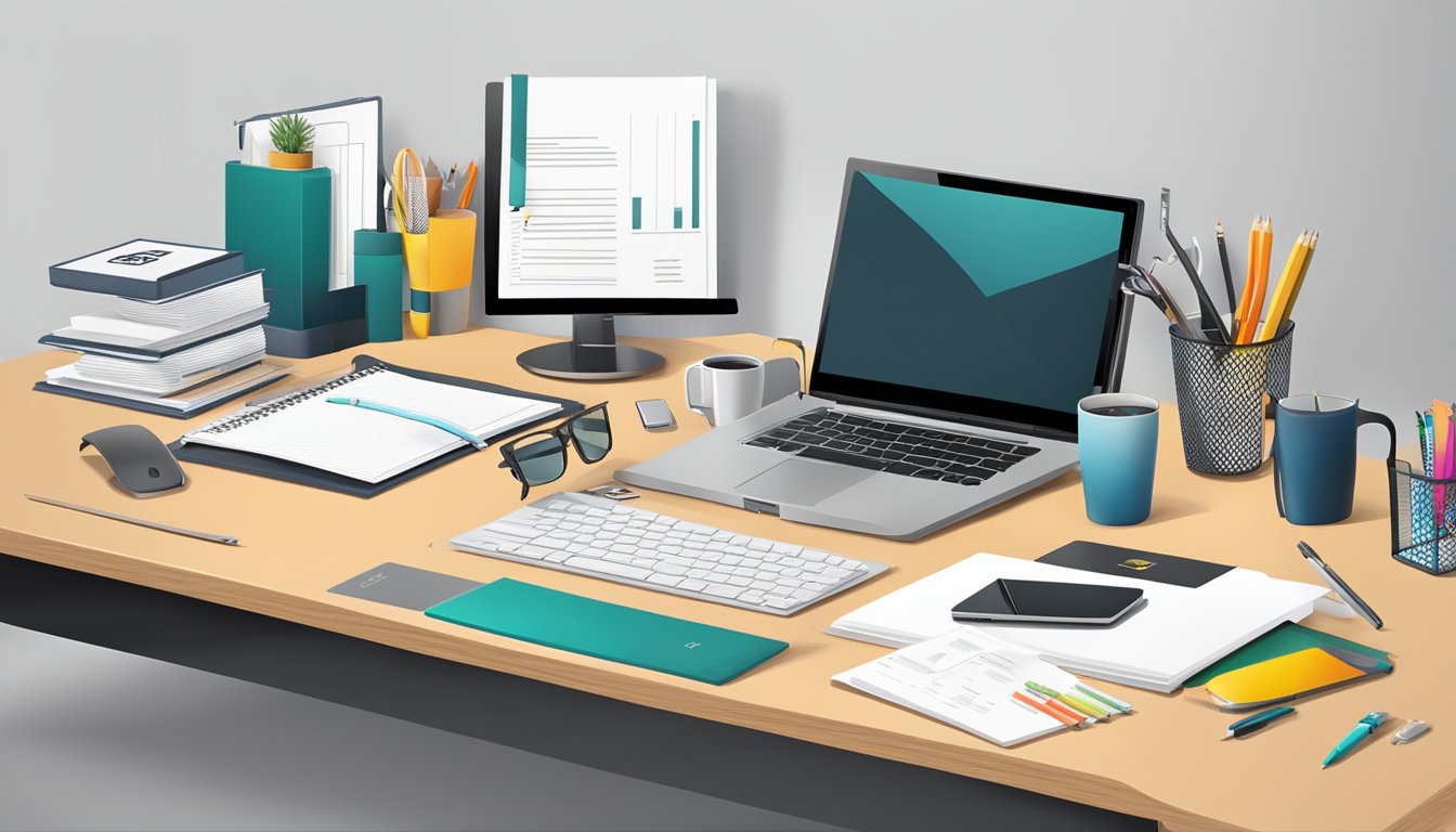A modern office desk with branded corporate gifts displayed neatly