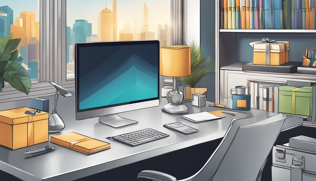 A sleek office desk with a laptop displaying "IWantGift.com" logo, surrounded by elegant corporate gifts like branded pens and luxurious gift boxes