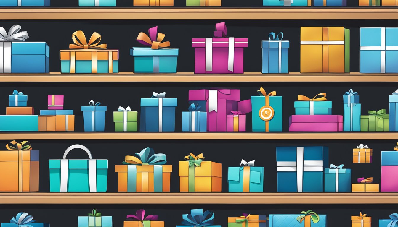 A variety of corporate gifts displayed on sleek shelves with IWantGift.com logo in the background