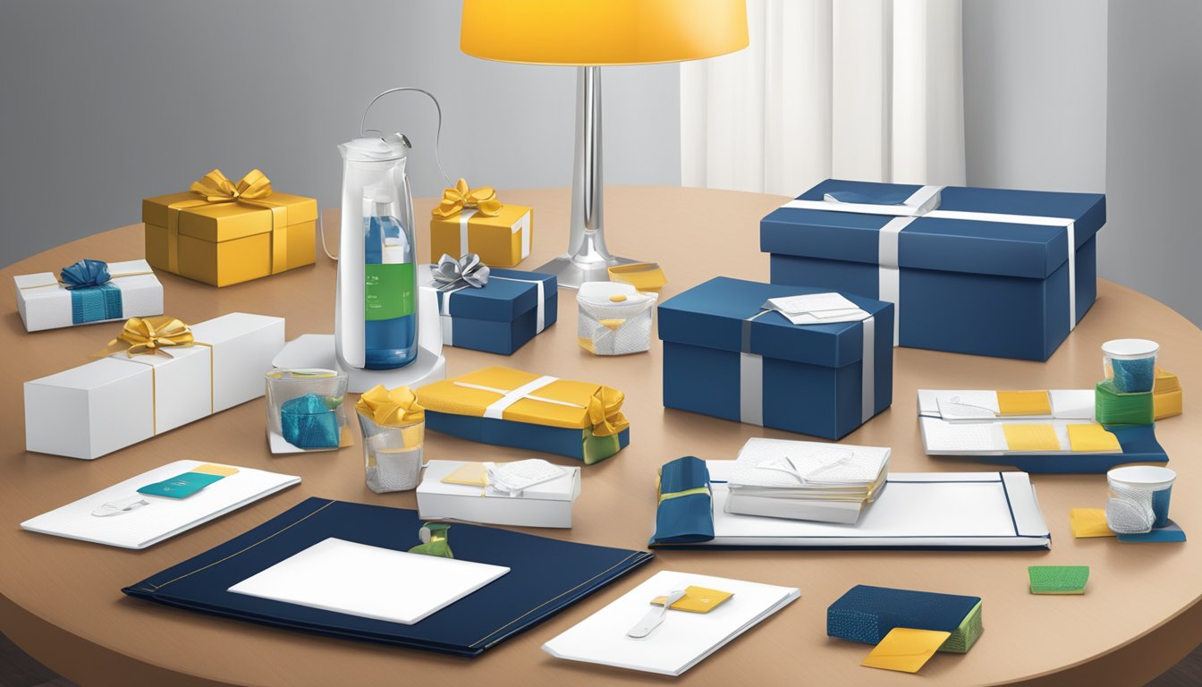 A group of corporate gifts displayed on a sleek, modern table with price tags and value indicators. The gifts range from elegant to practical, showcasing the variety and quality offered by IWantGift.com