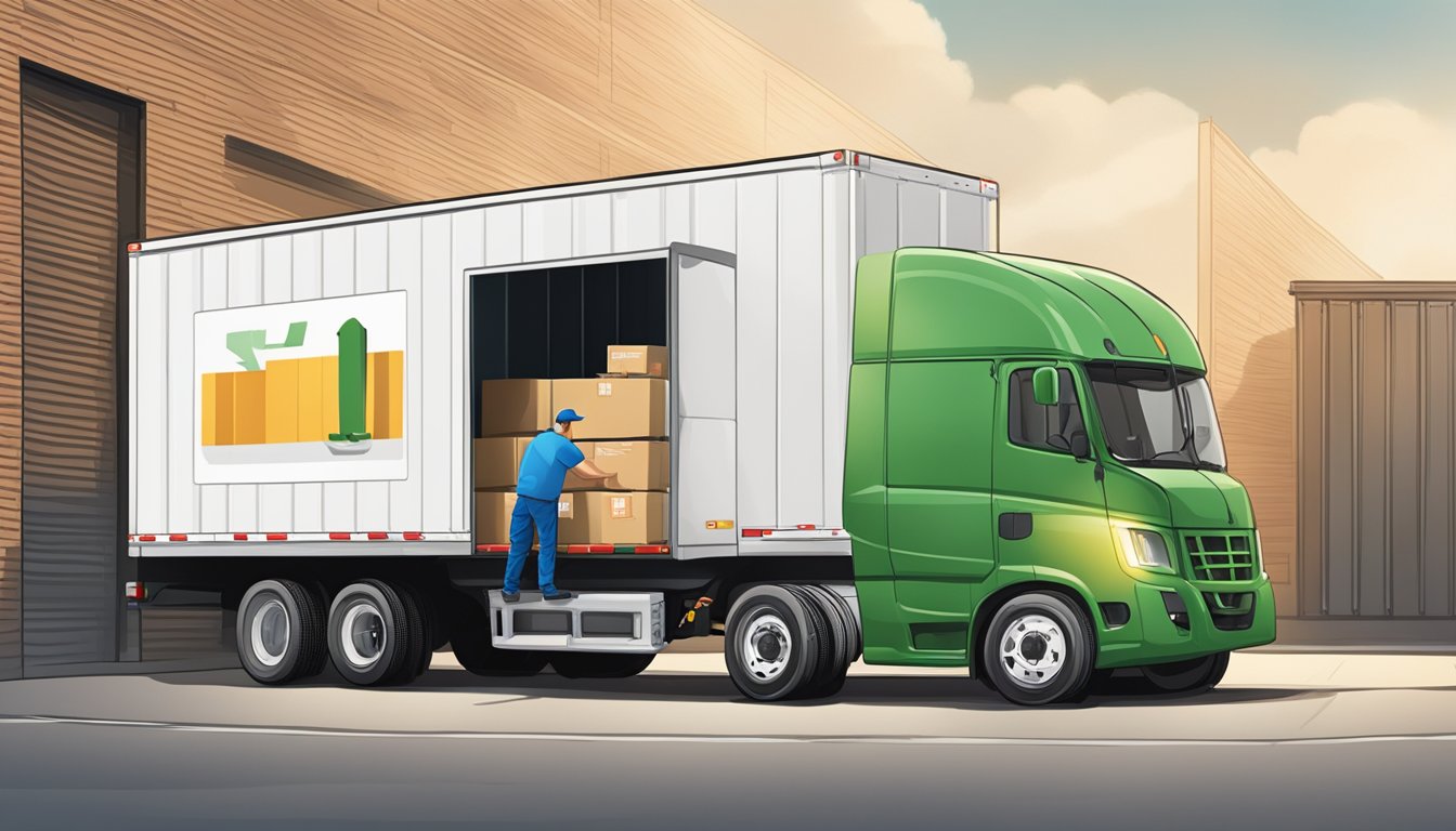 A delivery truck pulls up to the IWantGift.com warehouse, where workers load corporate gifts onto pallets. A shipping label is affixed to each package before it is loaded onto the truck