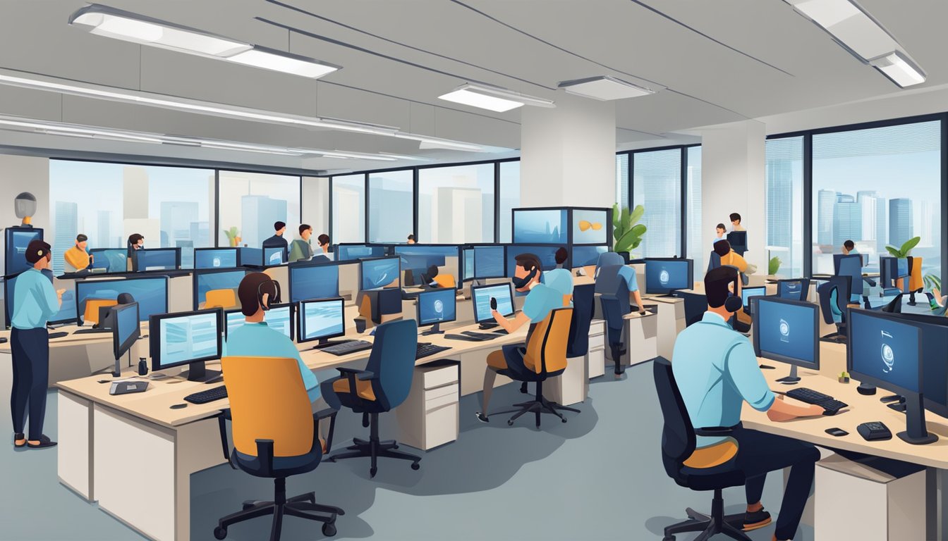 A busy call center with employees assisting customers. Logo and branding displayed on computer screens and office decor