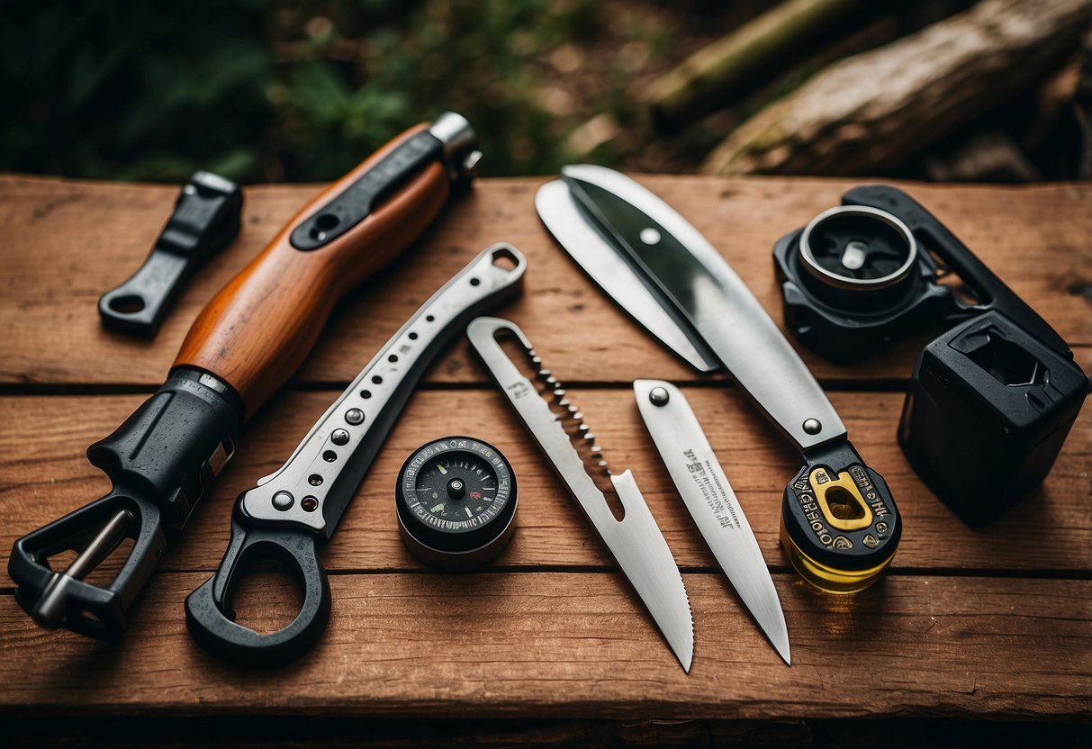 A collection of bushcraft tools laid out on a wooden table, including a sturdy knife, a compact saw, a fire starter, a multi-tool, and a durable water bottle