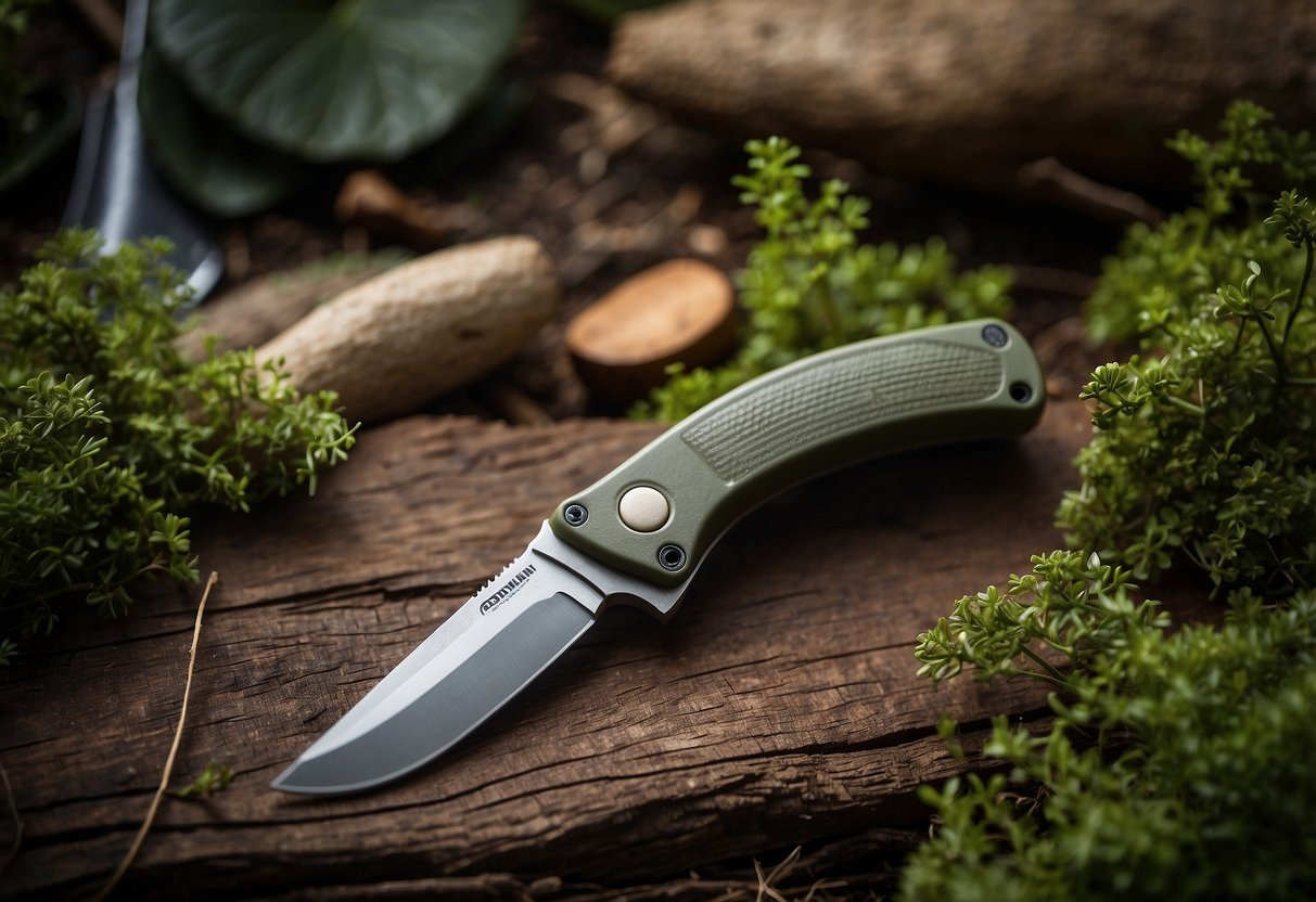 The Morakniv Companion knife is shown in a natural setting, surrounded by other essential bushcraft tools for beginners