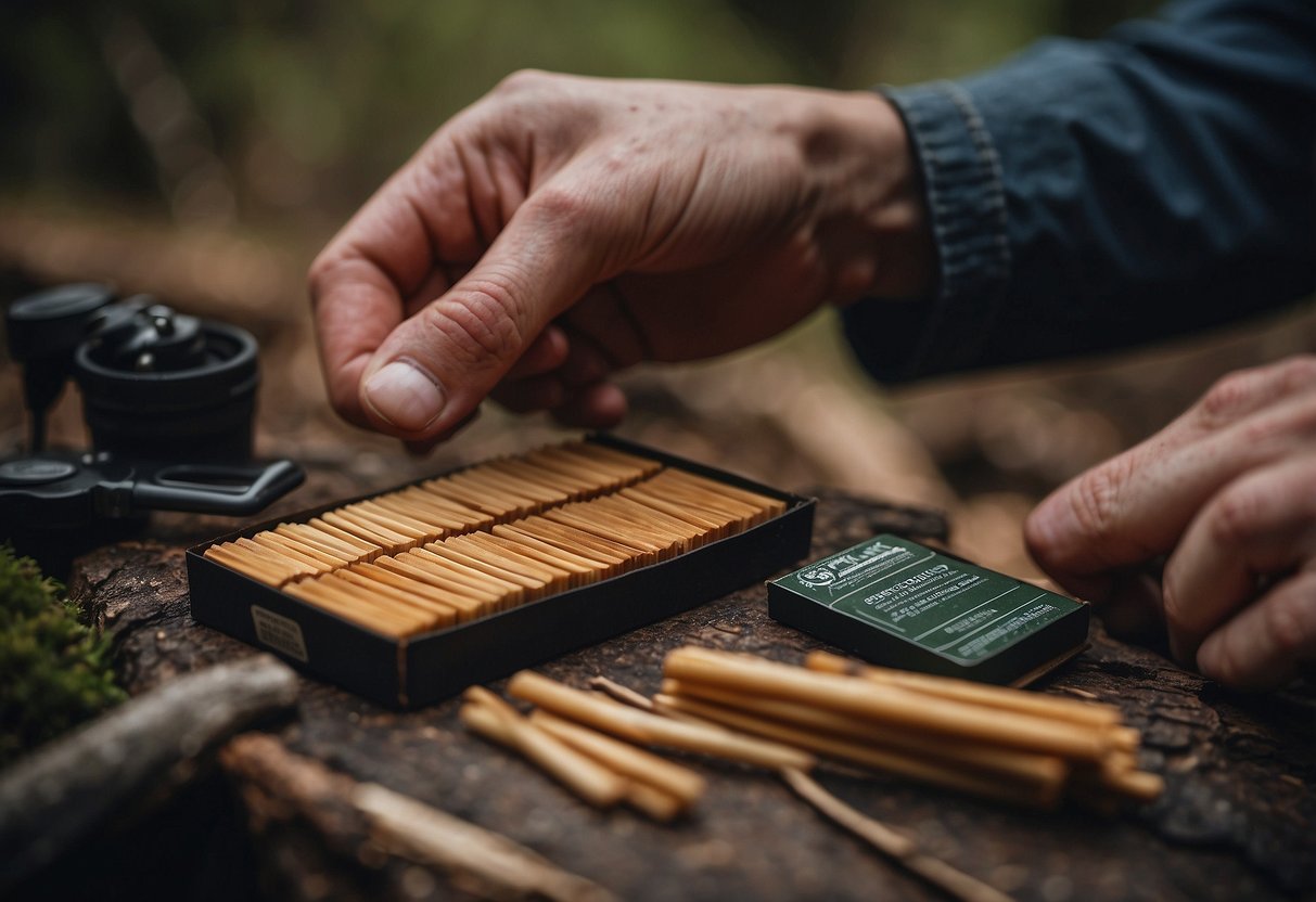 A hand reaches for UCO Stormproof Matches among 10 bushcraft tools