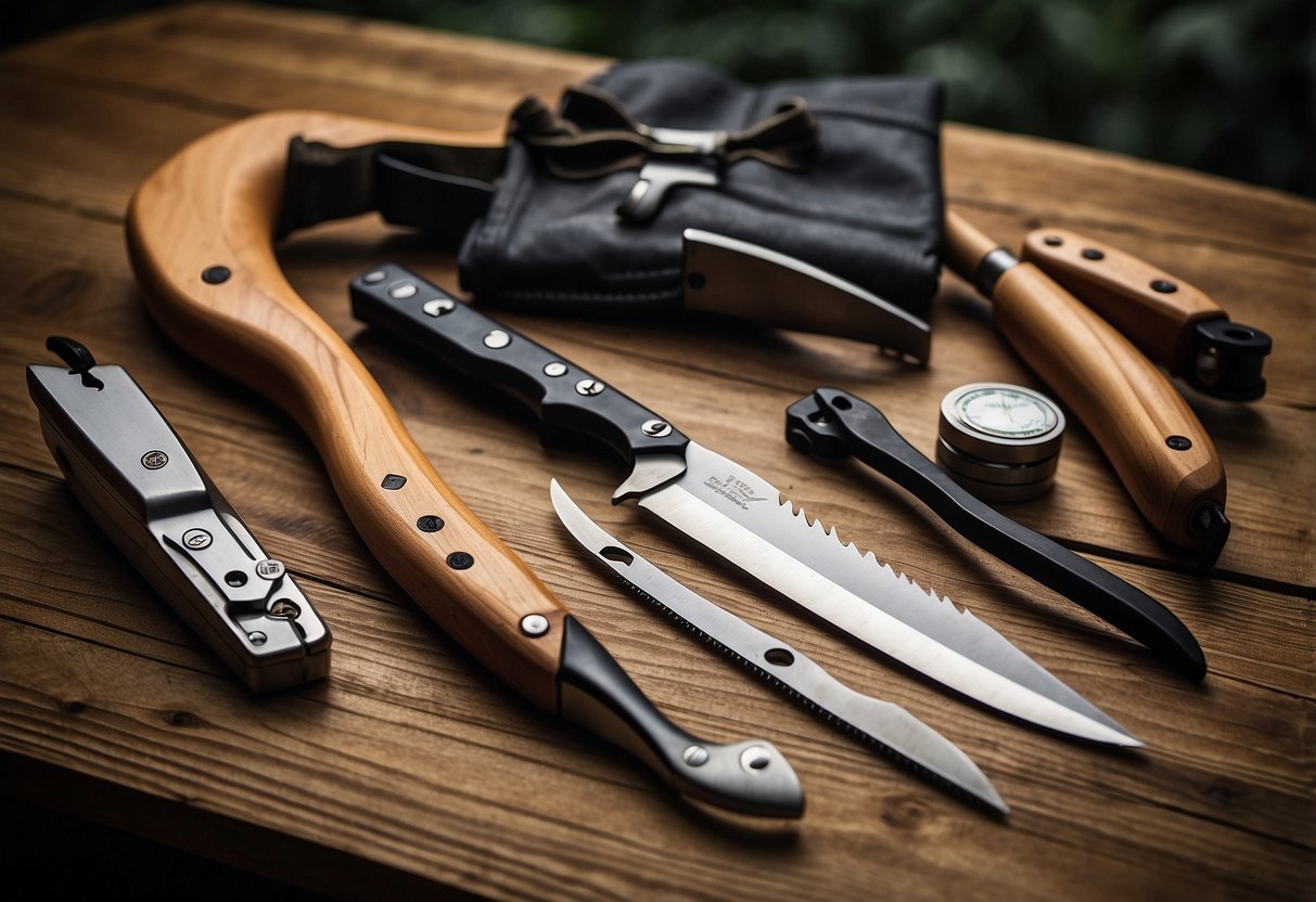 A collection of essential bushcraft tools laid out on a wooden table, including a sturdy knife, a compact saw, a fire starter, and a durable multi-tool