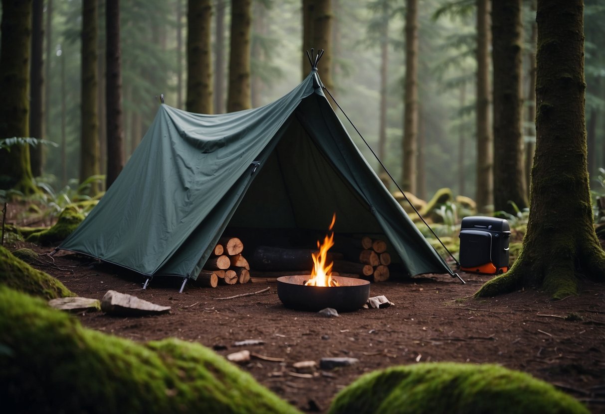 A campsite in a dense forest, with a fire pit surrounded by logs. A tarp is set up for shelter, and a backpack and various bushcraft tools are laid out nearby