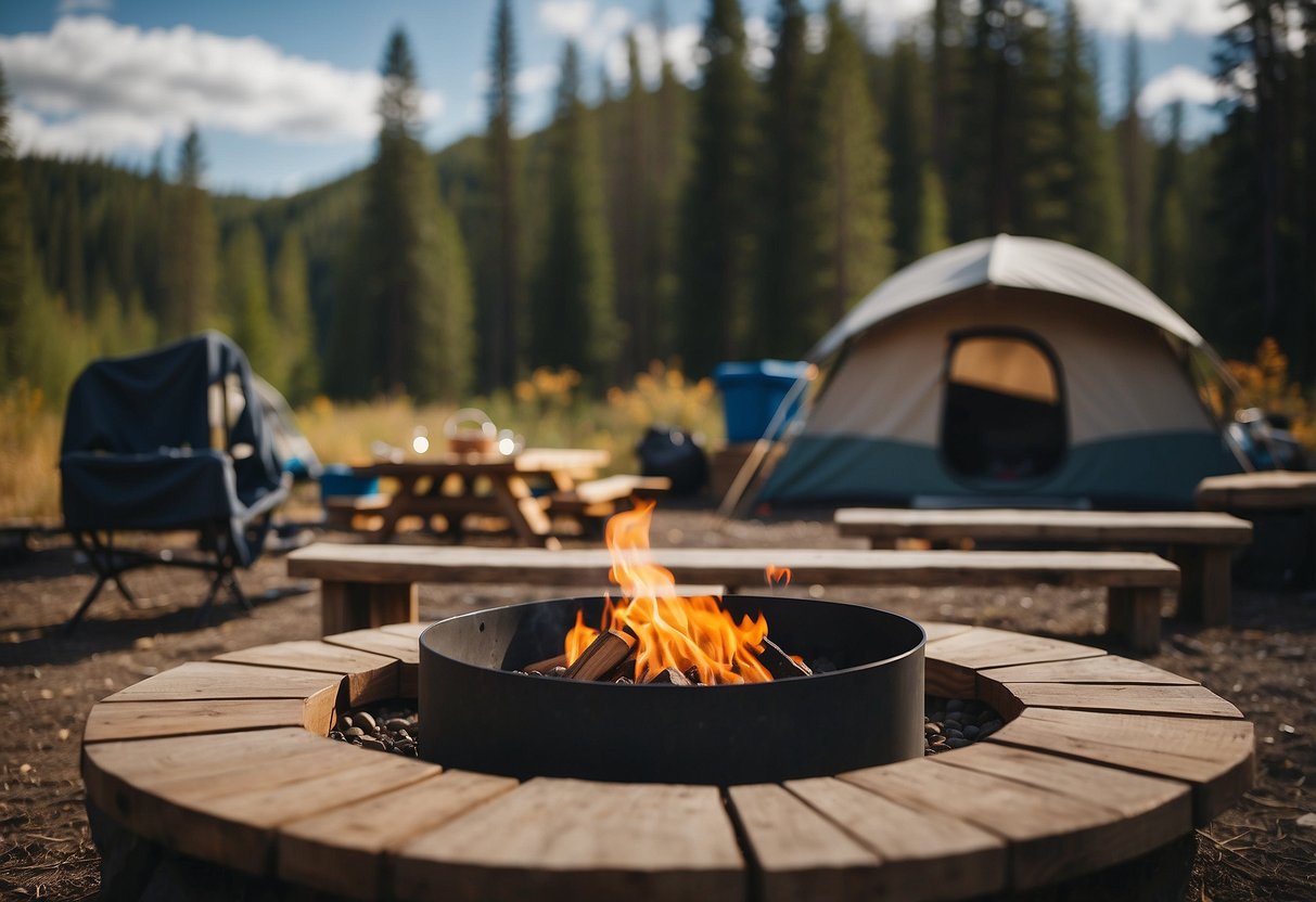 A campsite with a sheltered area, fire pit, and water source. Clear skies and scattered clouds. Gear organized and secured against potential rain or wind