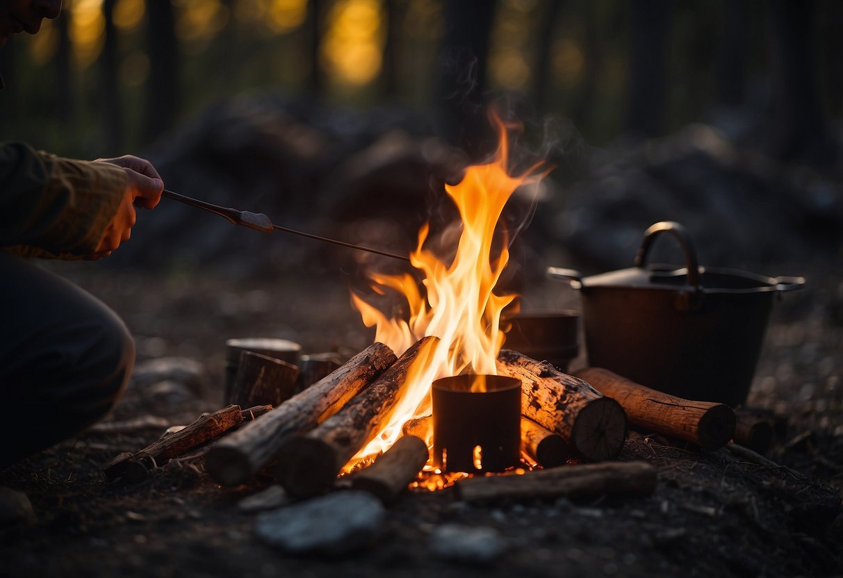 A campfire surrounded by various tools and materials, with a person's shadow looming over the scene as they demonstrate fire-making techniques