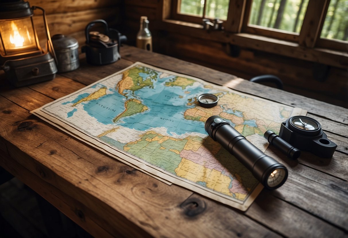 A map spread out on a wooden table, surrounded by a compass, a flashlight, a knife, and a water bottle. The table is located in a rustic cabin with a window showing a dense forest outside