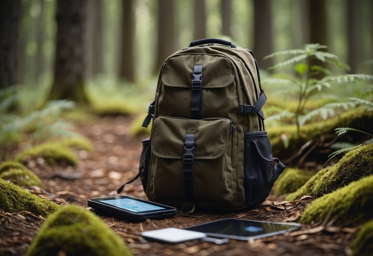 A backpack sits open on the forest floor, surrounded by a map, compass, and GPS device. A trail of footprints leads off into the distance