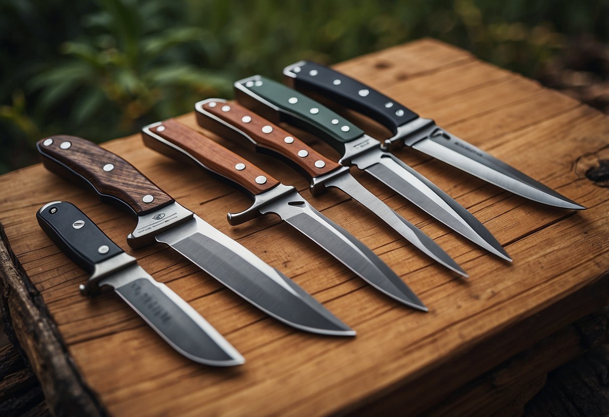 Five bushcraft knives arranged on a wooden table with a rugged outdoor background. Each knife has a unique design and is surrounded by survival gear