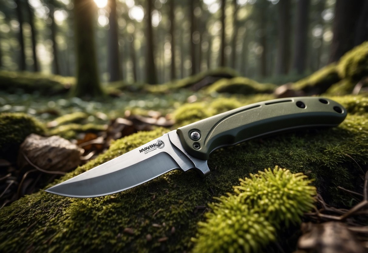 A Morakniv Companion knife lies on a mossy forest floor, surrounded by fallen leaves and twigs. The blade glistens in the dappled sunlight, showcasing its rugged durability for survival