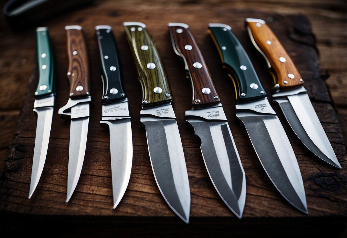 A collection of five bushcraft knives arranged on a wooden table, each knife showcasing its unique features and design for survival