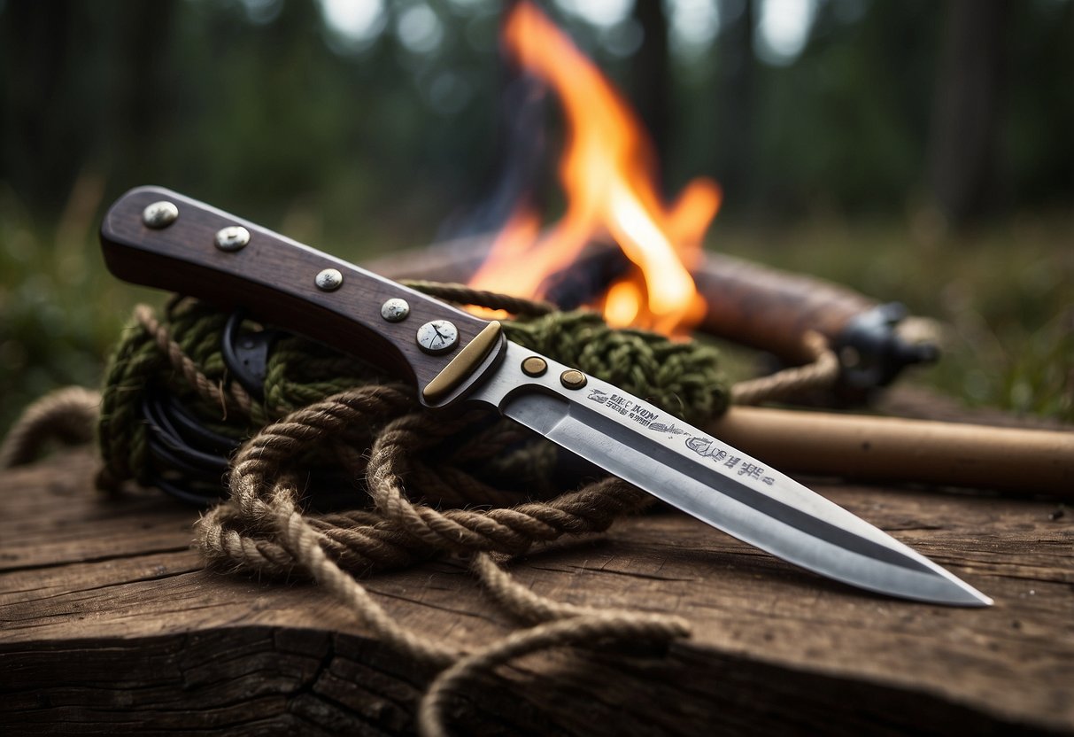 A bushcraft knife lies on a wooden table, surrounded by a compass, fire starter, and rope. The knife's blade is sharp and the handle is sturdy, ready for outdoor survival