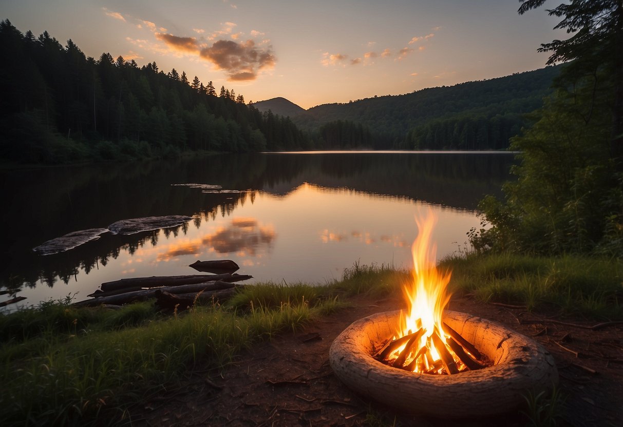 A tranquil forest clearing with a crackling campfire surrounded by lush greenery, towering trees, and a serene river flowing nearby. The sun sets in the distance, casting a warm glow over the peaceful scene