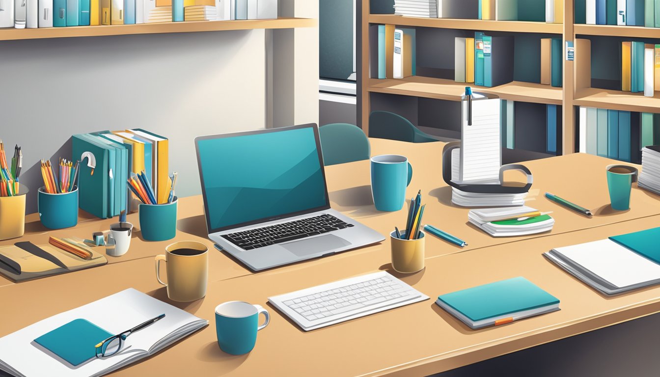 A table with corporate gifts: pens, notebooks, and mugs. Logo-branded items displayed on shelves. Bright, modern office setting