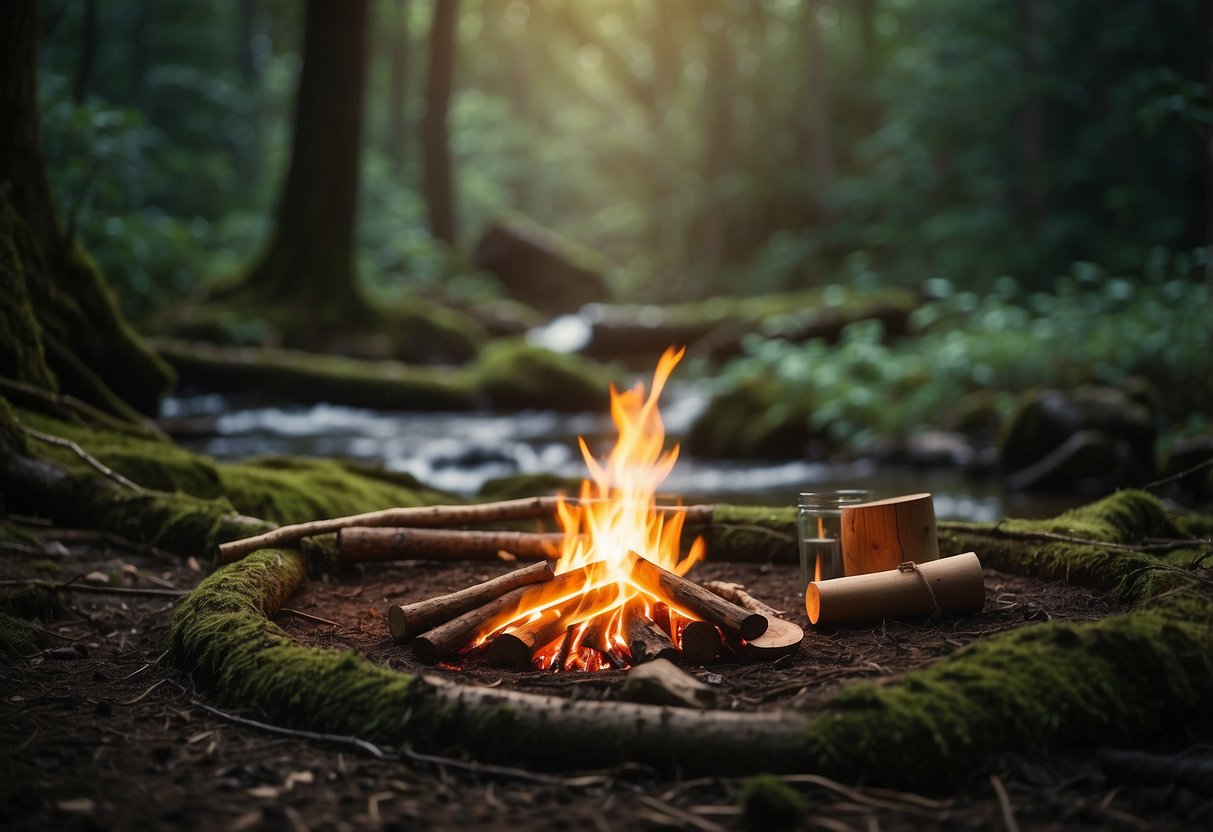 A serene forest clearing with a crackling campfire, surrounded by towering trees and a babbling brook. A rustic shelter and handmade tools are scattered around, showcasing essential bushcraft techniques