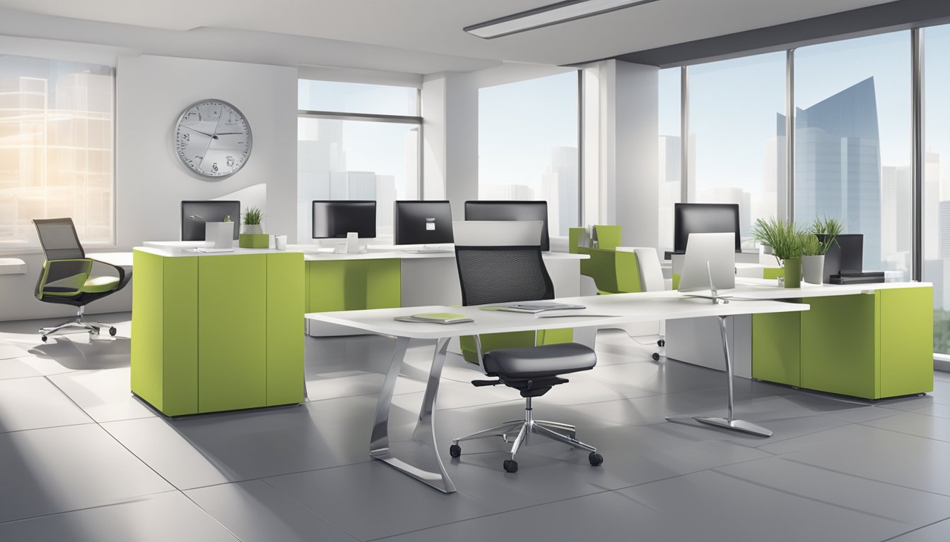 A sleek, modern office setting with a branded company logo prominently displayed on the wall. A variety of high-quality corporate gifts are neatly arranged on a display table, showcasing the company's commitment to excellence