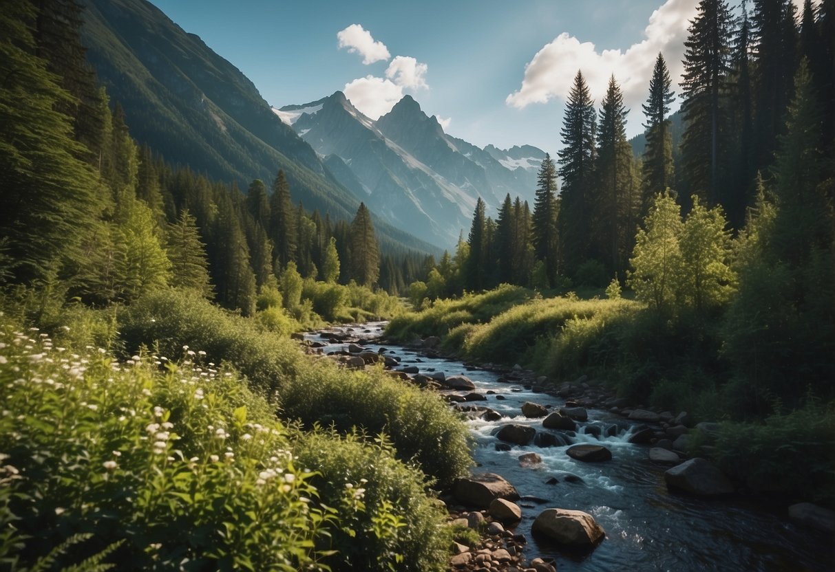 A lush forest with diverse flora and fauna, a crystal-clear stream running through the center, and a backdrop of majestic mountains in the distance