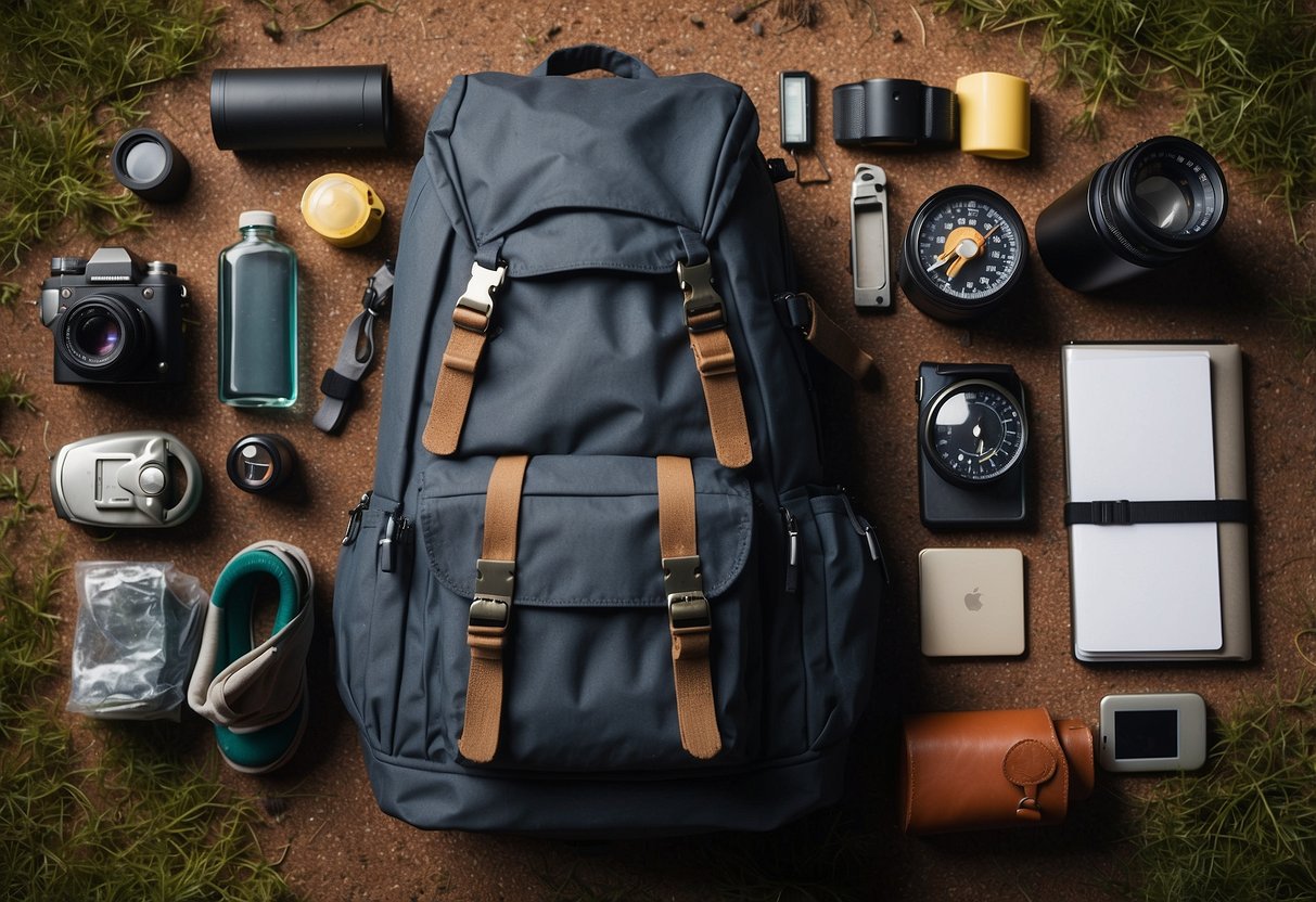 A backpack open on the ground, filled with neatly rolled clothes, compact gear, and essential supplies. A checklist and map lay next to it, with a knife and compass on top