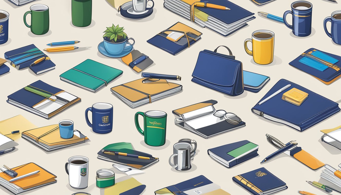 A table displays a variety of corporate gifts - pens, mugs, and notebooks. A company logo is prominently featured on each item