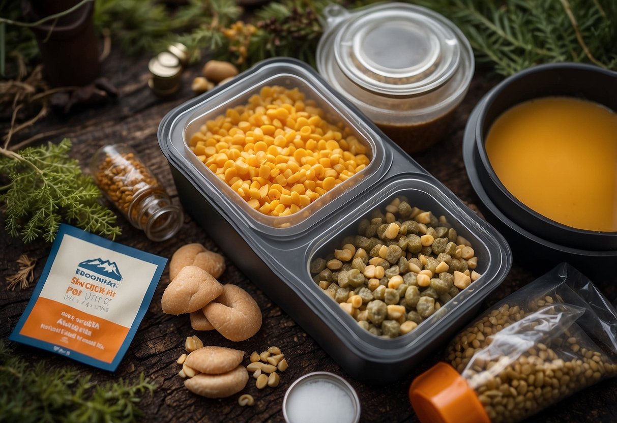 A compact food kit with Mountain House freeze-dried meals, packed efficiently for a bushcraft trip