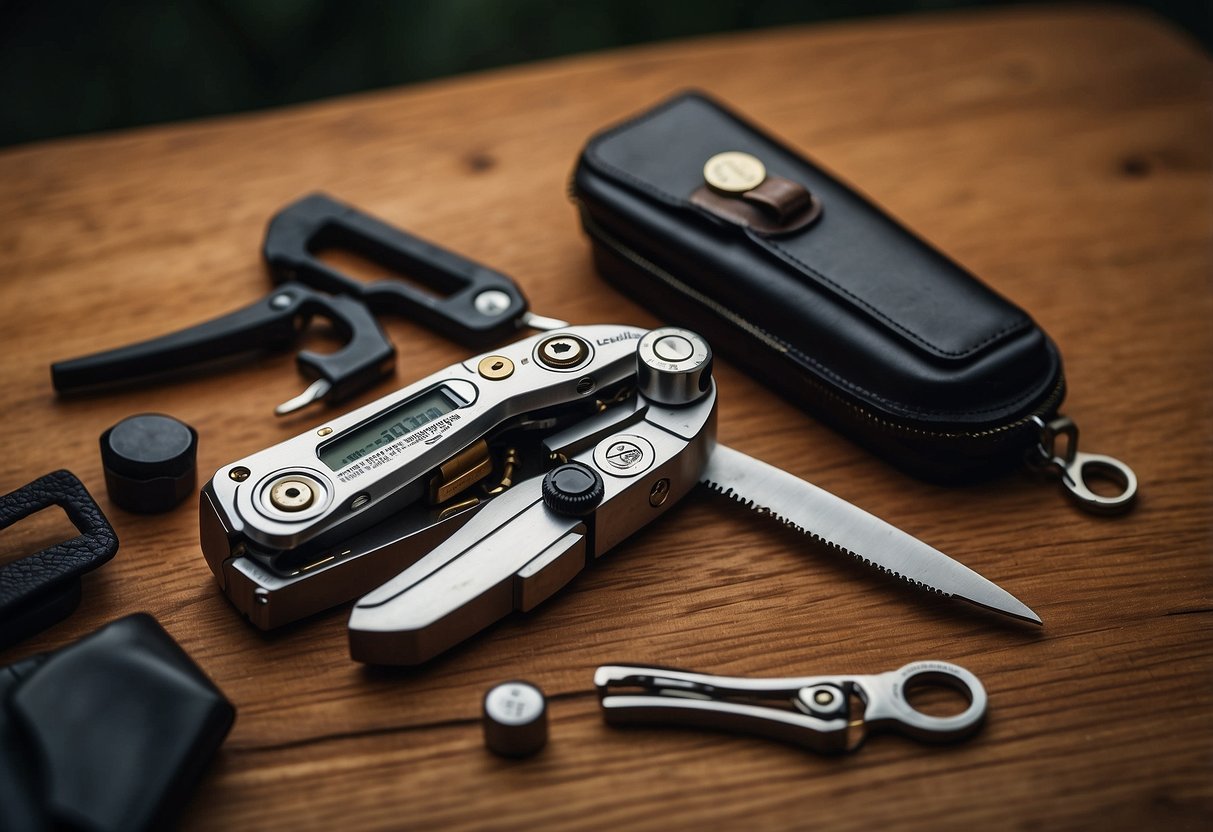 A Leatherman Wave Plus multi-tool lies on a wooden table, surrounded by various bushcraft essentials. A knife, compass, rope, and other tools are neatly arranged next to it