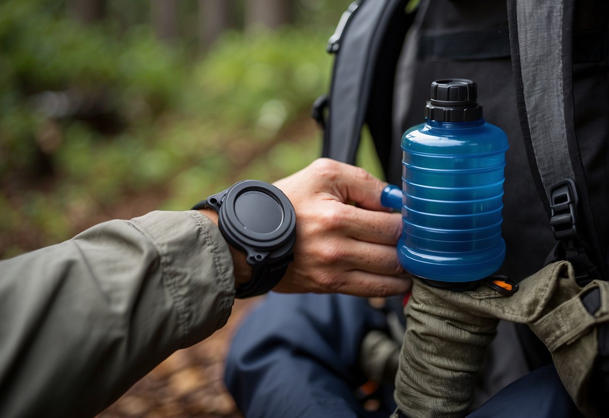 A hand reaches into a backpack, pulling out a compact Sawyer Squeeze water filter. Nearby, neatly packed gear awaits a bushcraft trip